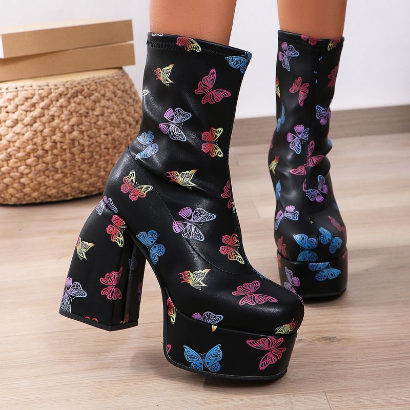 Women's Chunky Heel Pumps denim short boots women's square head waterproof platform high heel fashionable thick bottom women's boots_voghion.com