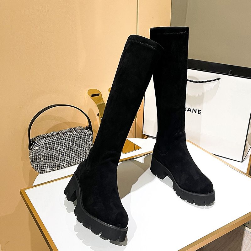 mit Beinen, zierliche Overknee-Stiefel mit langer Sohle, schlankmachender dicker Absatz, große Größe, breite elastische Stiefel für Damen_voghion.com