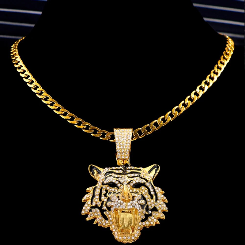 Hip Hop Iced Out Cuban Link Chains For Men Tiger Pendant Necklace Bling Crystal Cuban CZ Stainless Steel Chain Necklaces_voghion.com