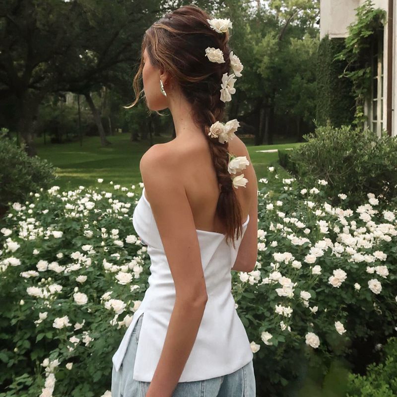 Women's Summer New Style Strapless Backless Slim Fit Slit Solid Color Casual Collar T-shirt Top_voghion.com
