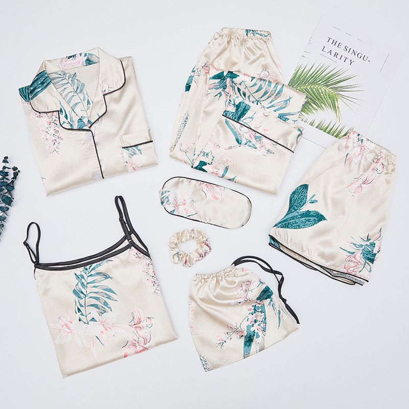 Women's Sleepwears Spring And Autumn Summer Solid Color Simulation Ice Silk Seven Piece Suit Pajamas Ladies Casual Sweet Sling Chest Pad Home Clothes_voghion.com