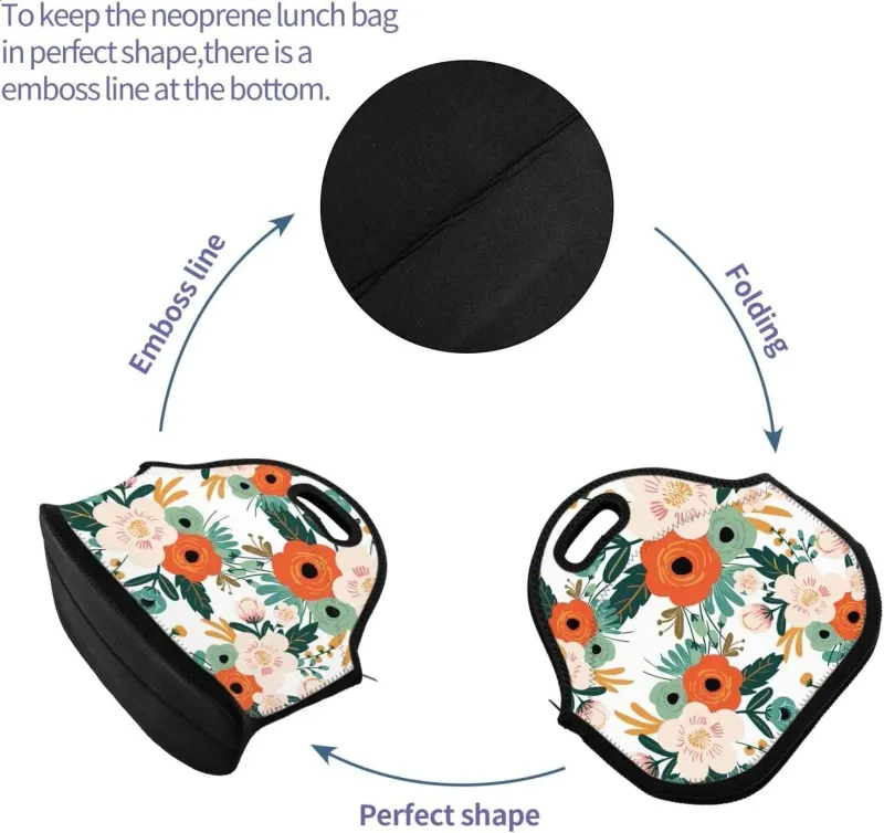 Sac à lunch isotherme en néoprène à fleurs oranges pour femme, réutilisable, avec fermeture éclair, idéal pour le travail, l'école, le pique-nique, 250318 l_voghion.com