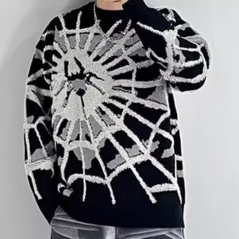 Maglione oversize da uomo con collo rotondo in jacquard ragno, autunno e inverno, design casual_voghion.com
