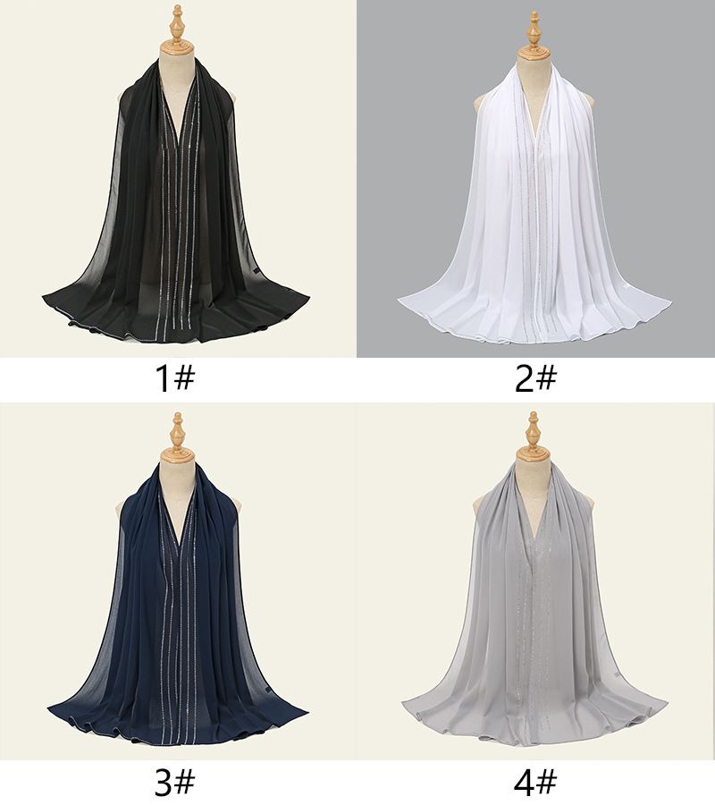 New Chiffon Long Versatile Narrow Strip Rhinestone Scarf Muslim Fashion Elegant Decorative Headscarf_voghion.com