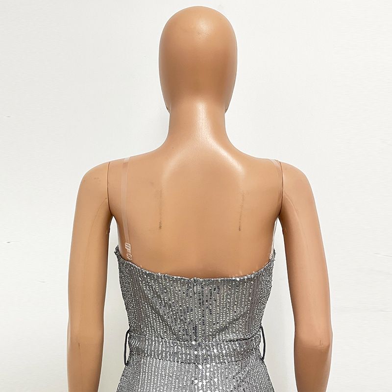 Dametøj Ærmeløs pailletterbæltejumpsuit ensfarvet tubetop rygløs jumpsuit_voghion.com