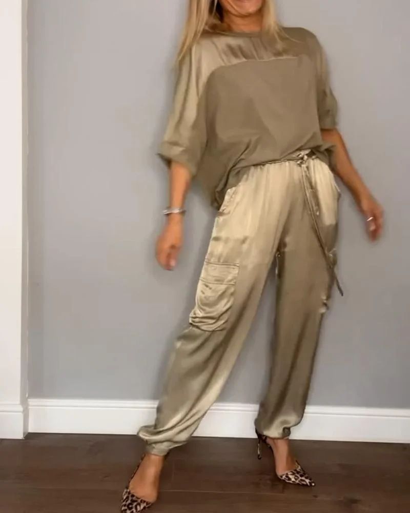 Women's Clothing Fashion Women's Smooth Satin Half sleeved Top and Pants Set Two piece Set_voghion.com
