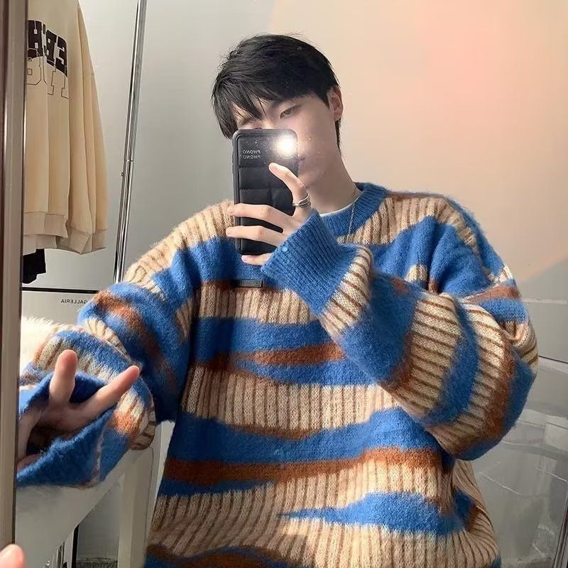 Maglione a righe color-block per uomo, autunno e inverno, stile casual, sensazione di alta qualità, versatile maglia girocollo ampia,_voghion.com