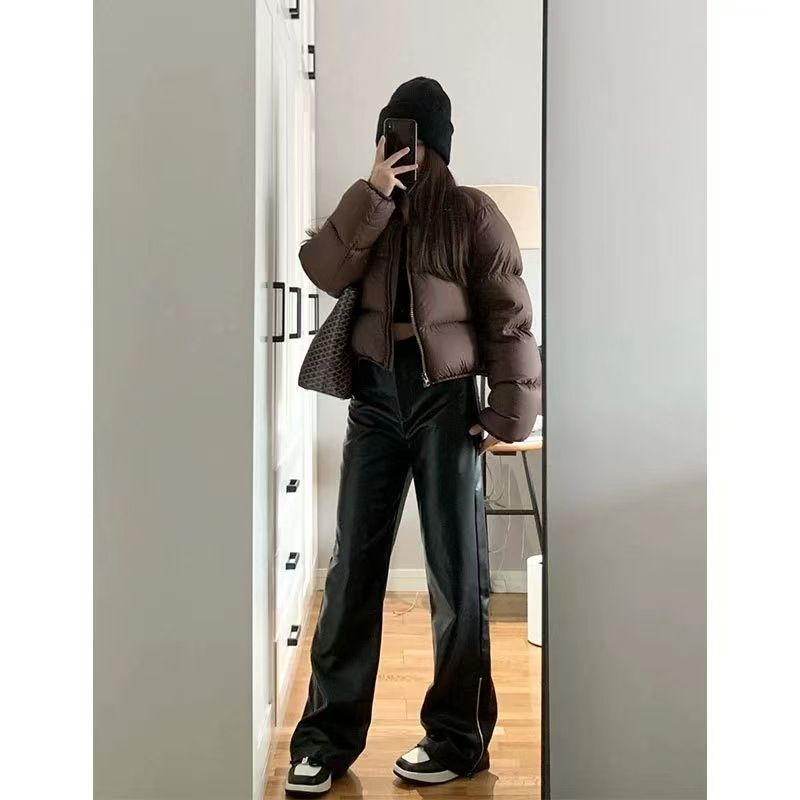 Chaqueta acolchada de invierno para mujer con estampado 3D: elegante abrigo corto, cálido relleno de poliéster y algodón, corte holgado, cuello alto (negro/marrón)_voghion.com