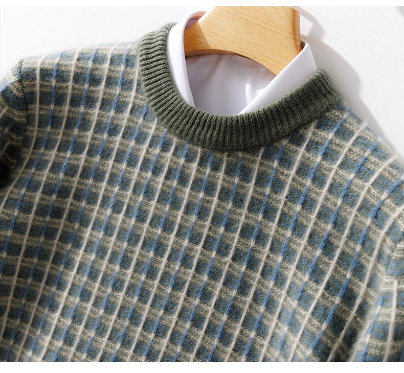 Novo suéter masculino de lã pura para outono e inverno com gola redonda e cor contrastante grossa, malha de cashmere casual para negócios_voghion.com