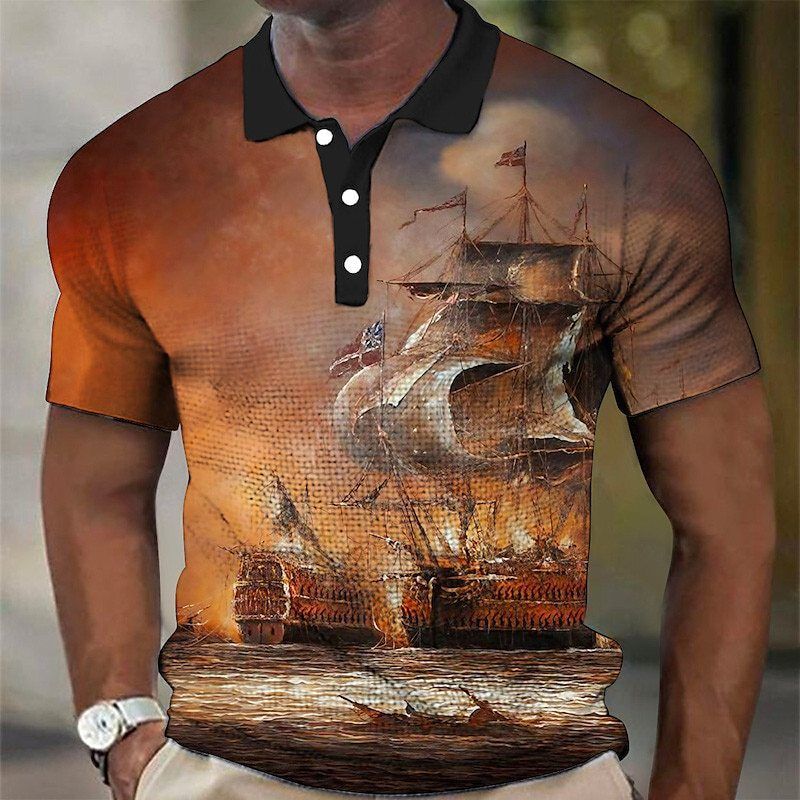 Herren Poloshirt mit Knopfleiste und Segelboot-Motiv, kurzärmelig, bedruckt_voghion.com