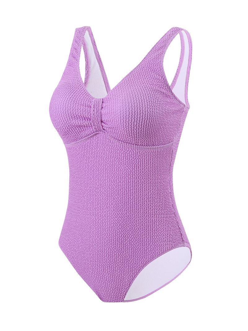 Traje de baño de una pieza de color sólido para mujer, estilo conservador, para vacaciones en la playa y aguas termales._voghion.com