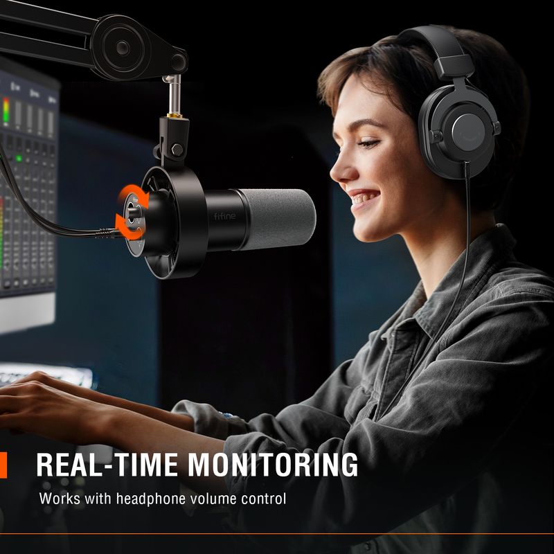FIFINE USB/XLR Dynamic Microphone With Shock Mount, Touch-mute, Headphone Jack & Volume Control, For PC Or Sound Card_voghion.com