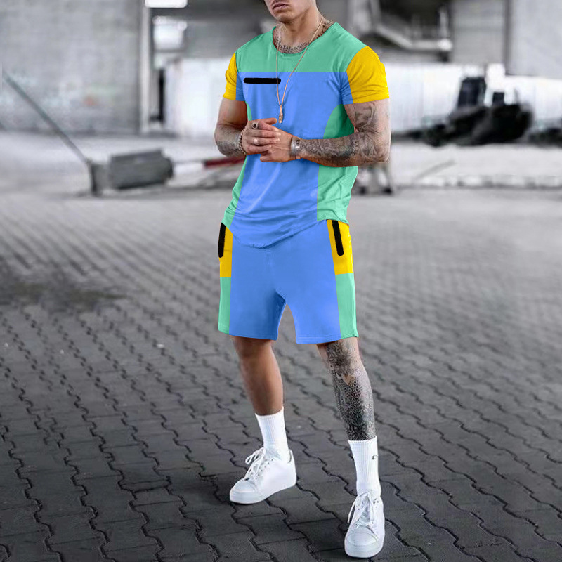 Costume d'été T-shirt à manches courtes col rond décontracté patchwork couleur contrastée ensemble deux pièces pour hommes_voghion.com