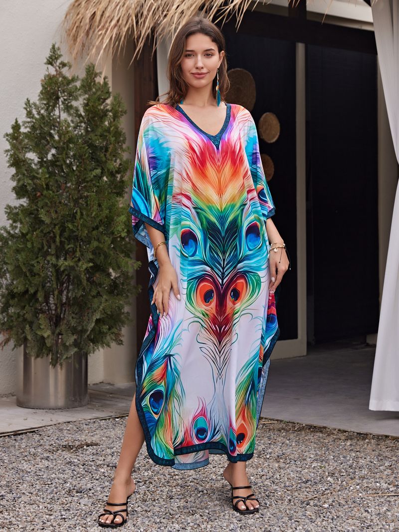 Sukienka maxi z nadrukiem w stylu boho, damska, narzutka z wiskozy – zwiewna tunika plażowa z etnicznymi wzorami, luźny krój w dużych rozmiarach, narzutka na bikini, strój na wakacje_voghion.com