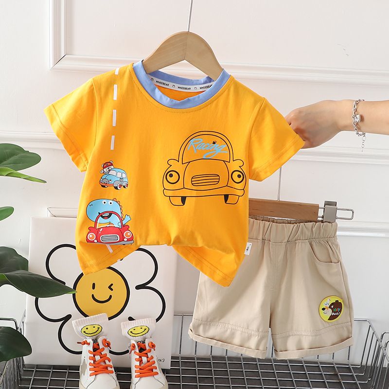 Sommardräkt för pojkar, trendiga baby- och barnkläder, kortärmade kläder med tecknad bil, sommar för ett år gammal pojke_voghion.com