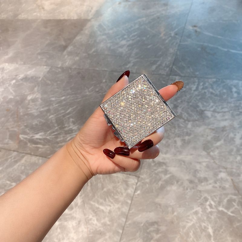 Folding Dual-Sided Handheld Makeup Mirror – HD Portable Compact Mirror With Diamond Accents, Non-Electric (PU/PS PVC Frame, Square Shape)_voghion.com