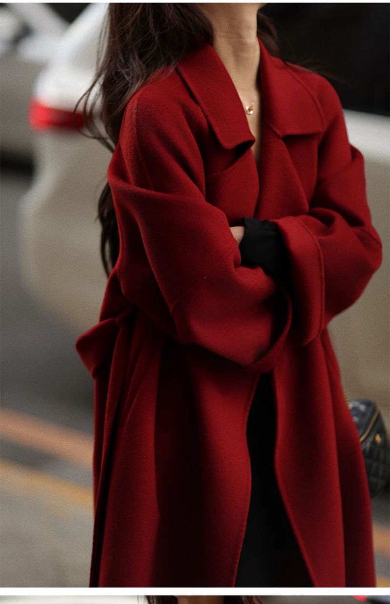 Doppelseitig für Damen, Herbst und Winter 2025, Petite Cashmere Langer roter Schnürmantel aus 100 % Wolle_voghion.com