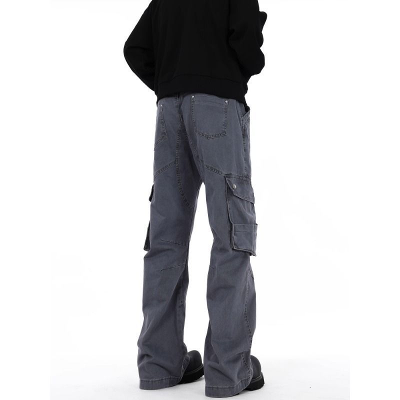 Simple Solid Color Cargo Loose Straight Structure Functional Long Pants American Style Multi-Pocket_voghion.com