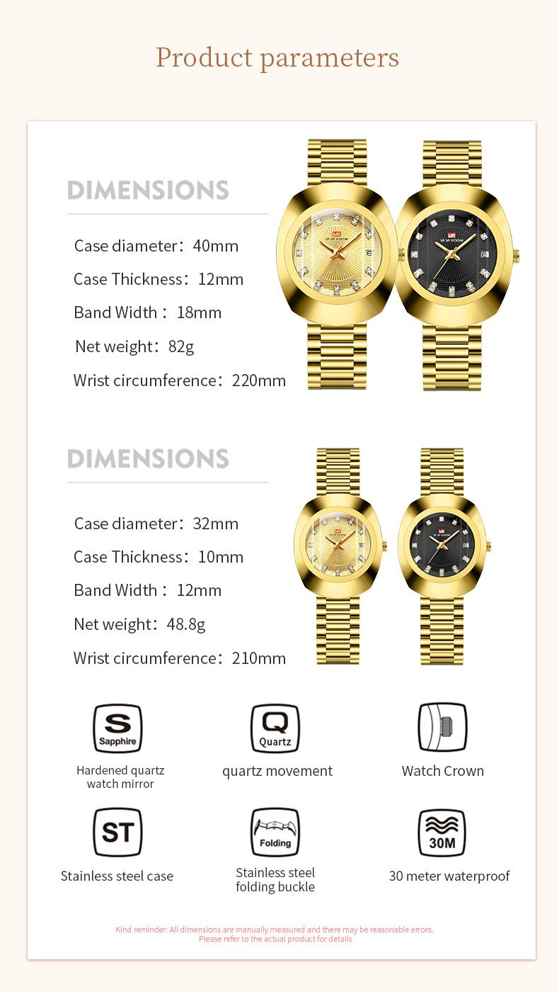 Va Va Voom Ceasuri pentru iubitori Ceas din oțel impermeabil cu diamant auriu Ceas cu cuarț pentru cupluri_voghion.com