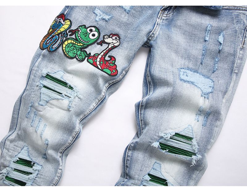 Jeans da uomo con ricamo serpente, pantaloni streetwear plissettati, aderenti, affusolati, strappati e invecchiati in denim elasticizzato_voghion.com