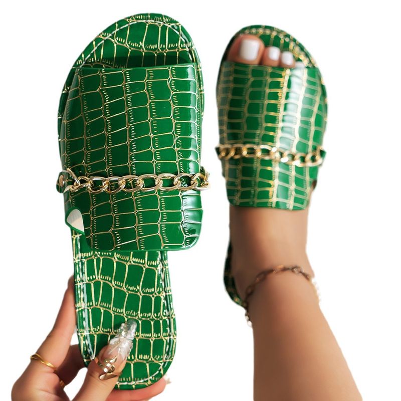 2025 Plus Size Women's Summer Flat Slippers With Crocodile Pattern Chain Fashion Beach Slipper_voghion.com