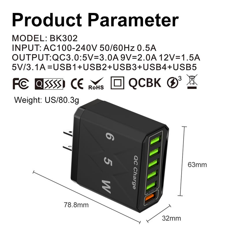 6-poorts 65W snelladende universele USB-lader snelladende 3.0 wandgemonteerde telefoonadapter geschikt voor iPhone_voghion.com