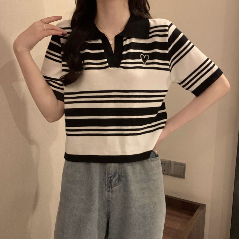 Ladies' love striped short sleeved front shoulder POLO collar T-shirt with unique design women, niche, sweet and chic_voghion.com