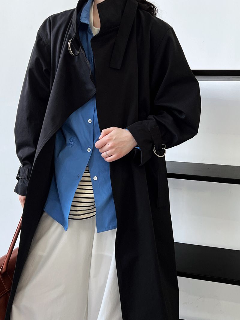 Elegant British-Style Long Trench Coat For Women – Minimalist & Luxurious Knee-Length Overcoat With Adjustable Belt, Pure Cotton, Black & Light Beige_voghion.com