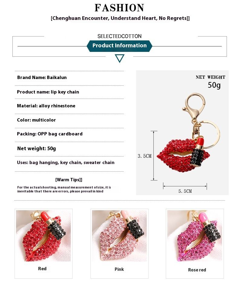 New European And American Diamond Lipstick Pendant Metal Keychain 3D Lipstick Bag Keychain Small Gift_voghion.com