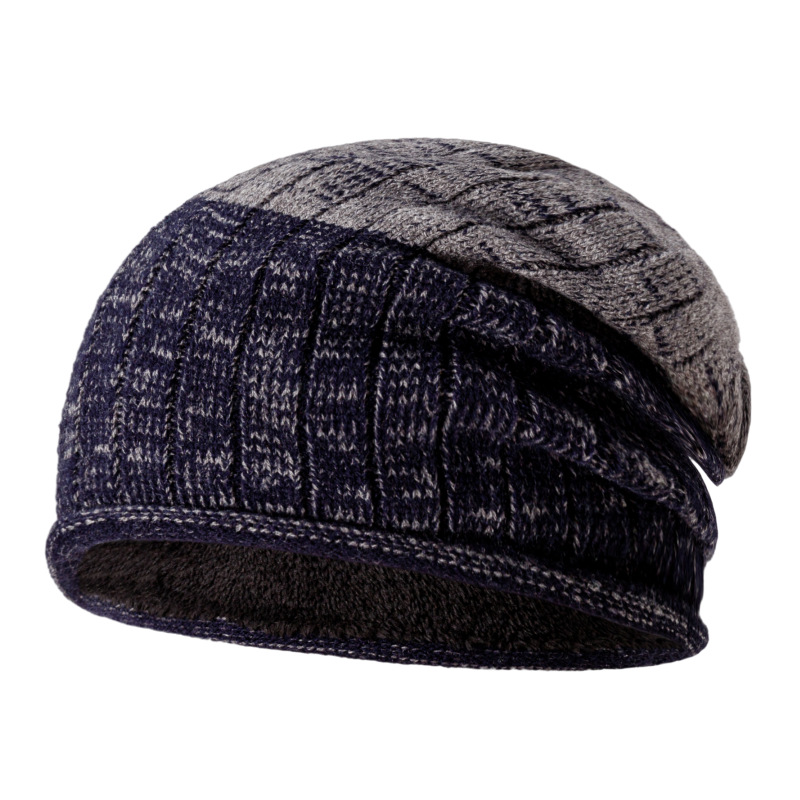 Winter plush knitted hat for men's outdoor stripe insulation with thick curled edges, elastic large head circumference,_voghion.com