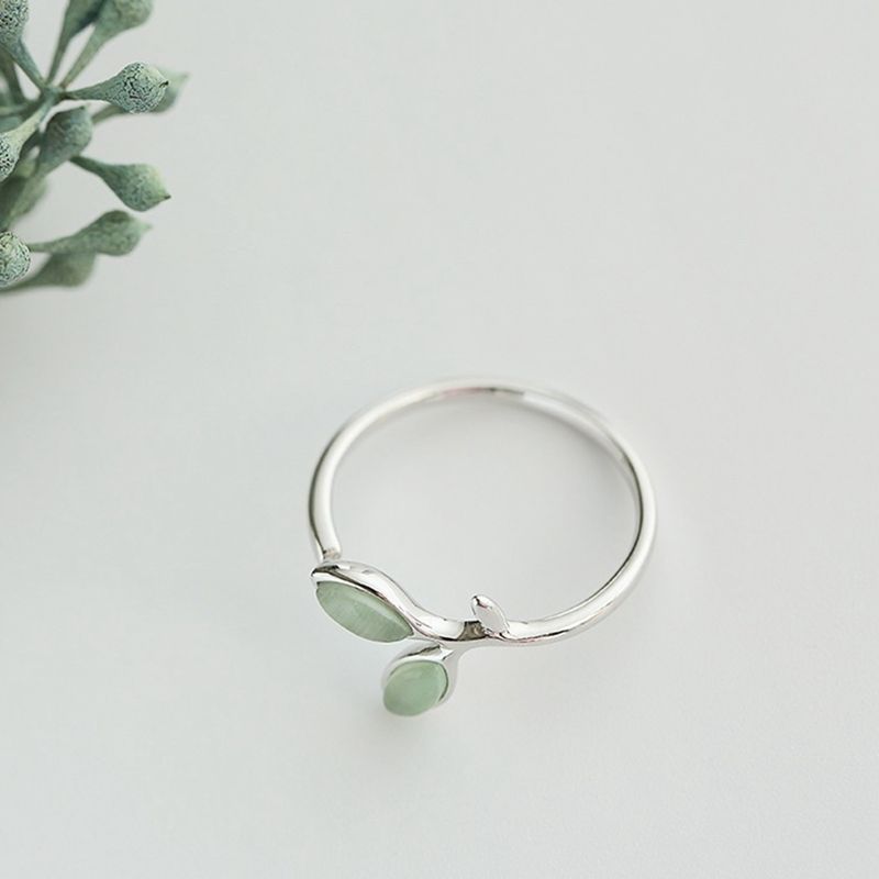 Bague nouvelle, simple et tendance, feuille et opale, bijoux en plaqué argent, bague géométrique ouverte avec branche verte_voghion.com