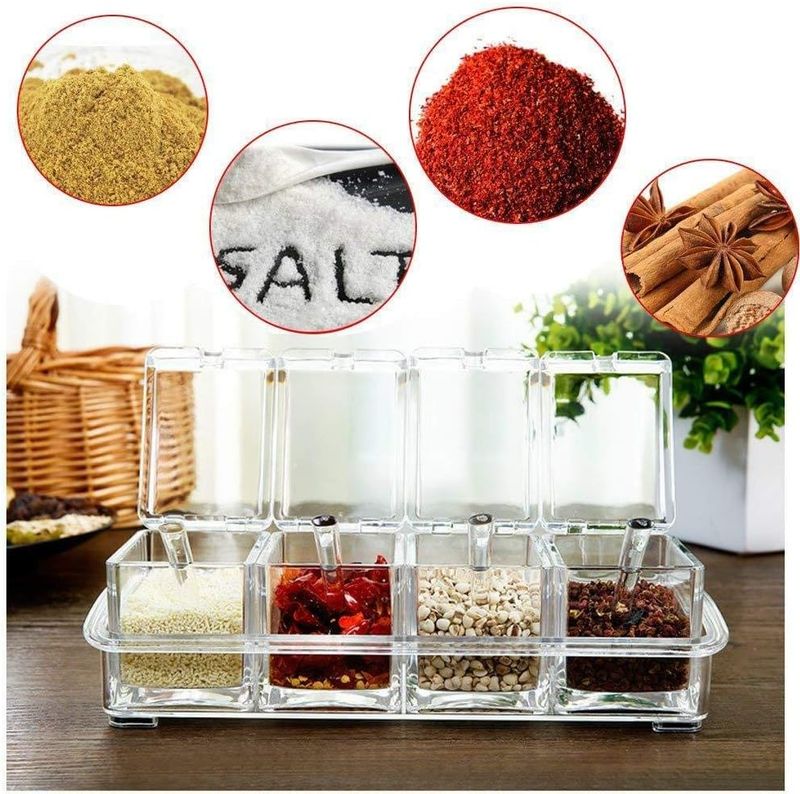 Contenitore per spezie in acrilico trasparente, 4 pezzi, contenitore per spezie, bottiglia per olio con coperchio e cucchiaio_voghion.com