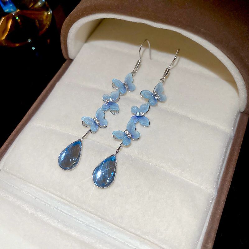 Diamond-Encrusted Butterfly Tassel Water Drop Summer Beach Vacation Style Hooks Ear Pendants Elegant Earrings With_voghion.com