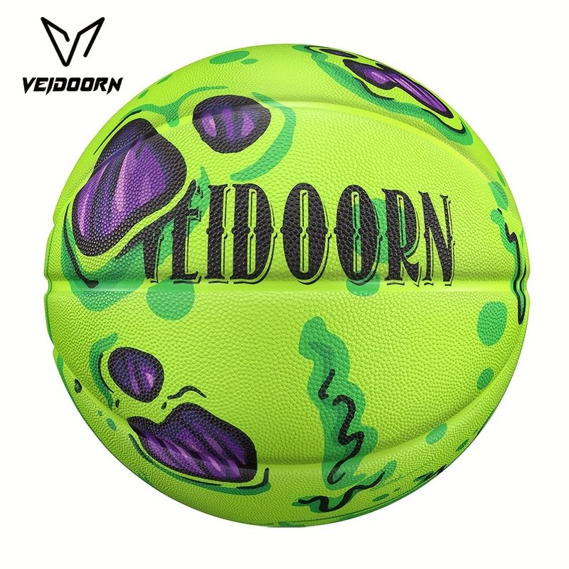 Pallone da basket in gomma n. 7 - Verde neon con logo V nero e macchie viola/nere, resistente, per allenamento indoor e outdoor_voghion.com