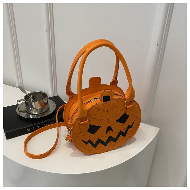 Borsa a tracolla con zucca di Halloween - Piccola borsa a tracolla rotonda in stile retrò con blocchi di colore, chiusura con cerniera e tasca per telefono_voghion.com