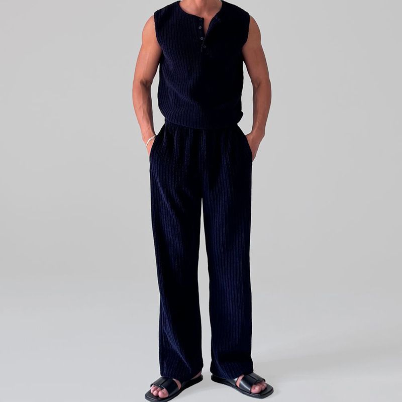 Herrenbekleidung Frühling und Sommer Ärmellose Weste mit Henley-Kragen Lässige, lockere Hose Gestreifter Anzug_voghion.com