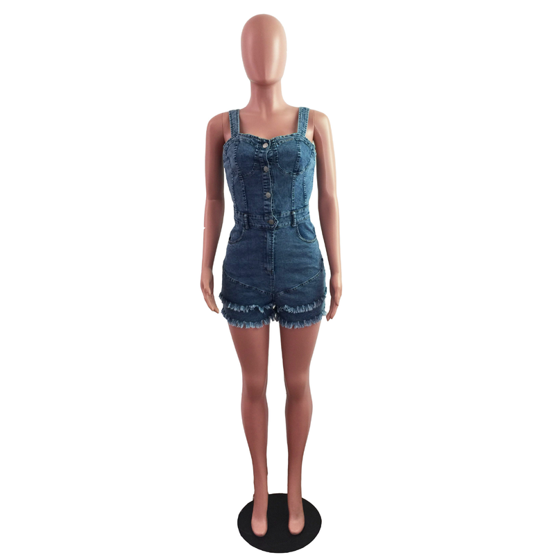 Modischer schmaler Jeans-Strampler für Damen mit Fransen_voghion.com
