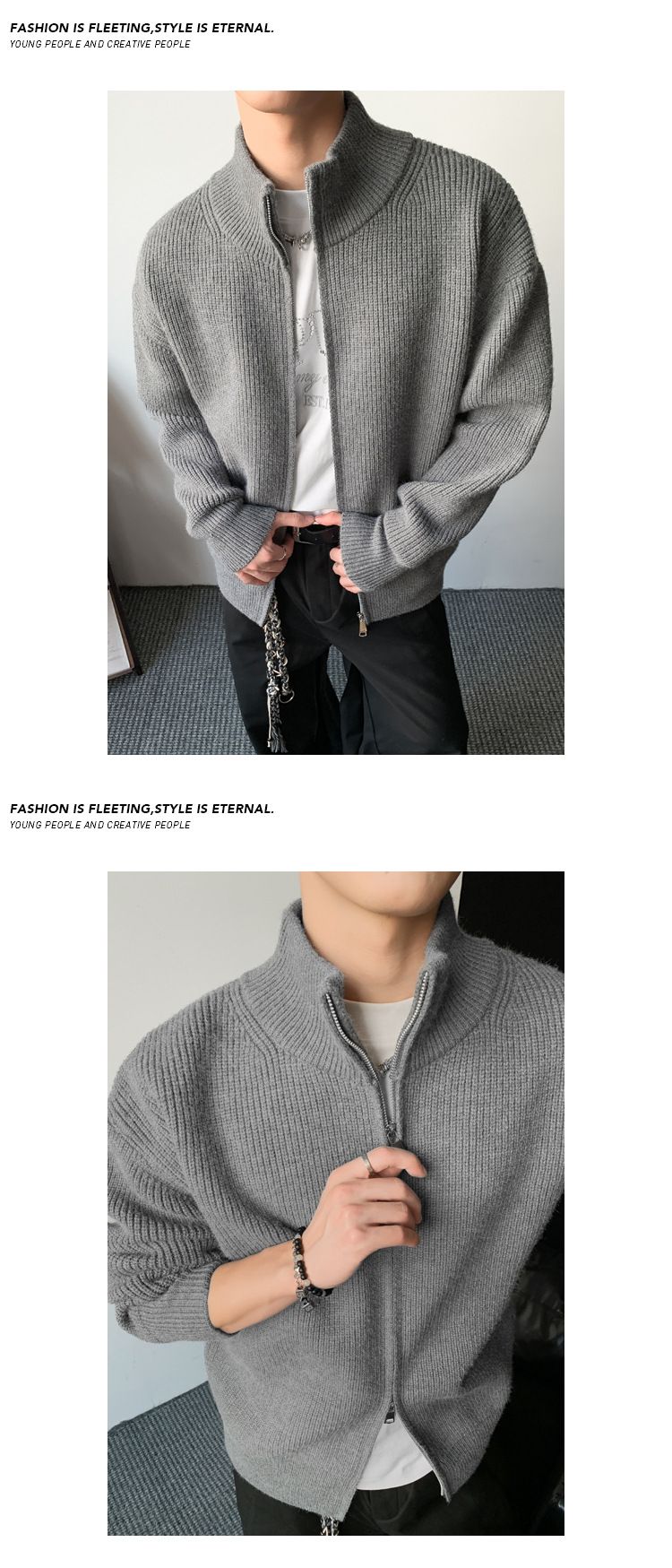 Herrenbekleidung – Strickjacke mit Stehkragen – Verdickter Retro-Pullover für Herbst und Winter, Slim Fit-Basisschicht, Stretch-Polyester-Mischgewebe, Grau und Schwarz_voghion.com