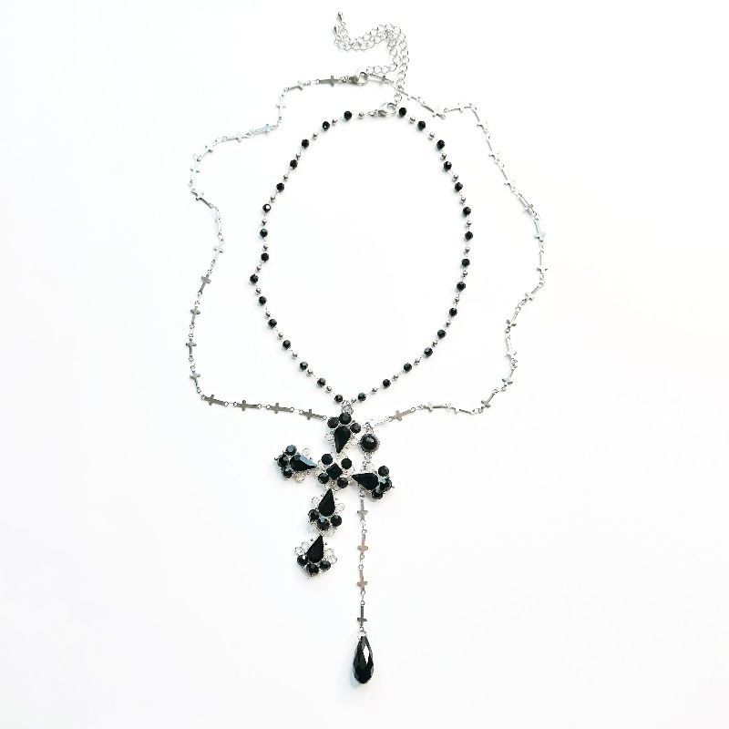 Gothpunk Style Dark Sweet Cool Babes Double Cross Necklace Niche Design Subculture Multi-layer Collarbone Chain_voghion.com