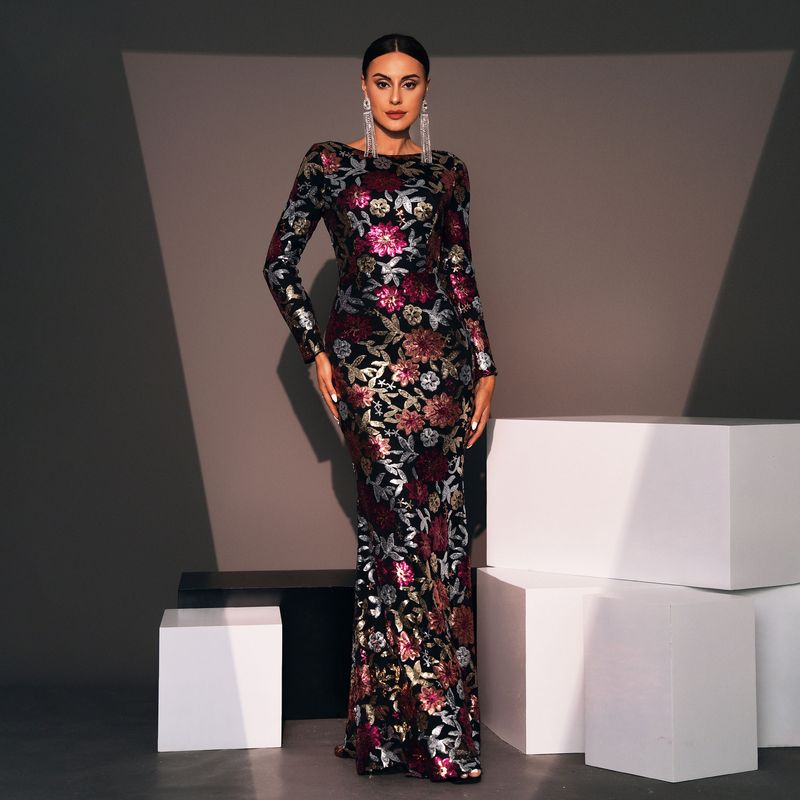 Damenbekleidung Abendkleid Langarm Temperament Rundhals Sexy Schlank Lange Pailletten Bankett Brautjungfernkleid Kleid Weiblich_voghion.com