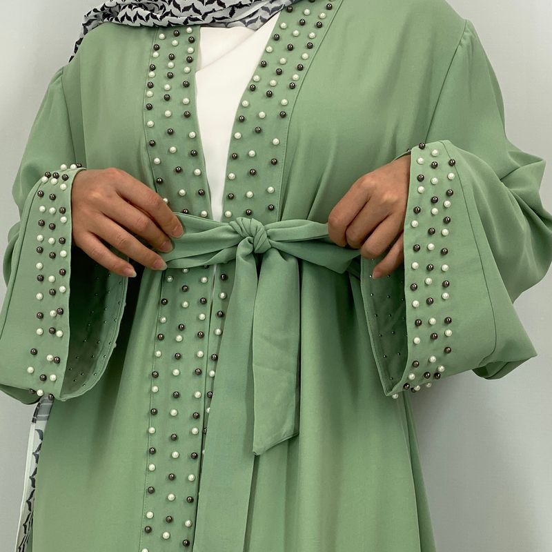 Neueste muslimische Abaya islamische Mode Frauen Perlen Kimono Robe bescheidenes Kleid lange elegante Strickjacken Kleidung vorne offen Abaya_voghion.com