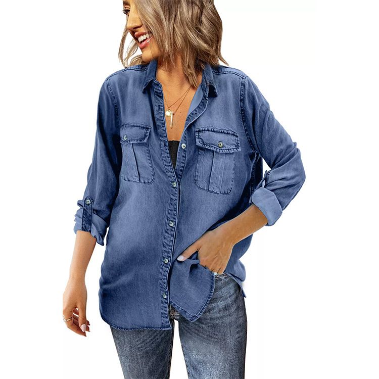 Women's Fashion 2023 Spring New Turn-down Collar Pocket Tencel Shirt Casual Denim Blouse_voghion.com