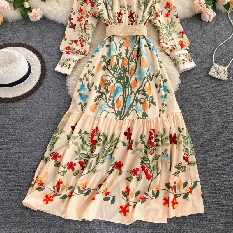 Abito da donna in stile palazzo retrò con cravatta in vita, girocollo, maniche lunghe, volant, gonna a trapezio in stile fata western_voghion.com