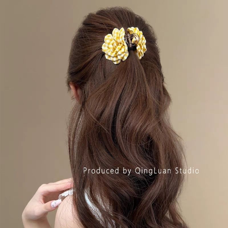 Plaid Flower Grab Clip Half Tie Hairpin Small Grab Clip On The Back Of The Head Travel Hairpin._voghion.com
