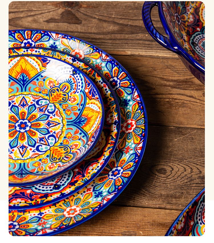Bohemian Ceramic Dinnerware Set - Underglaze Hand-Painted Bowls & Plates With Handles Vintage Style For Home & Restaurant_voghion.com
