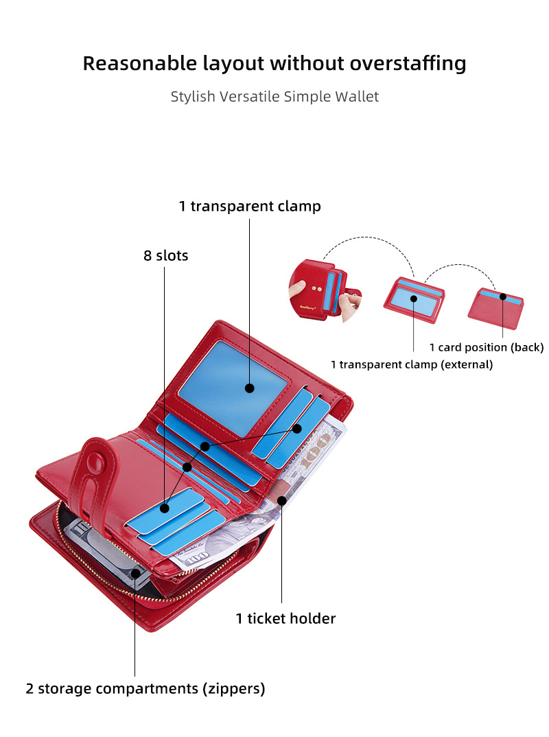 Portafoglio da donna corto Baellerry in pelle cerata lucida doppia fibbia portamonete con cerniera portacarte femminile_voghion.com