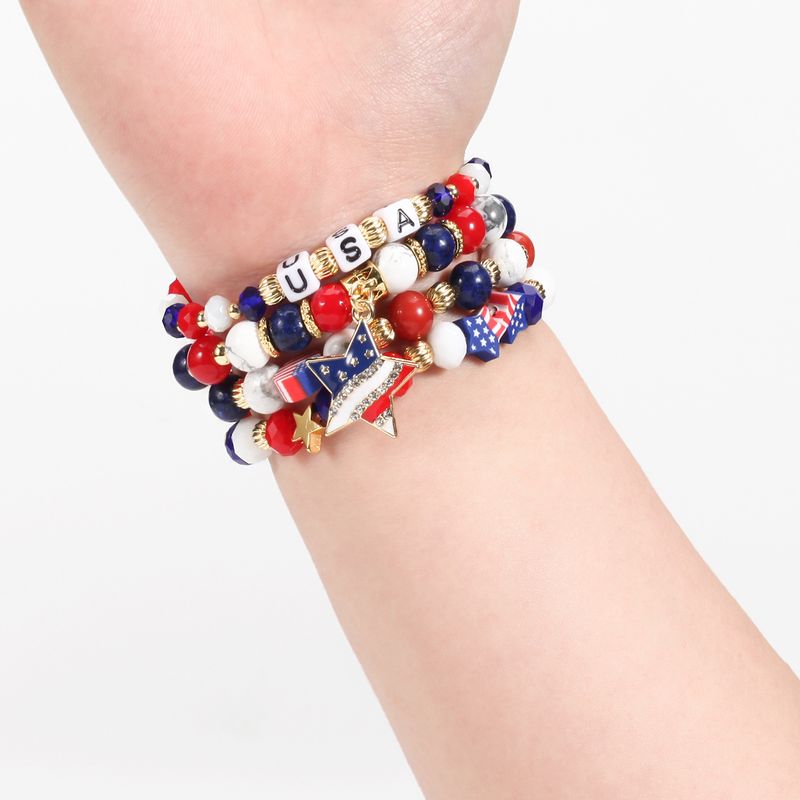 Handgefertigtes patriotisches Perlenarmband mit Natursteinen – USA-Flagge und Stern-Design – Unisex-Schmuck für Männer und Frauen, Größenverstellbar, Fünfzackiger Stern_voghion.com