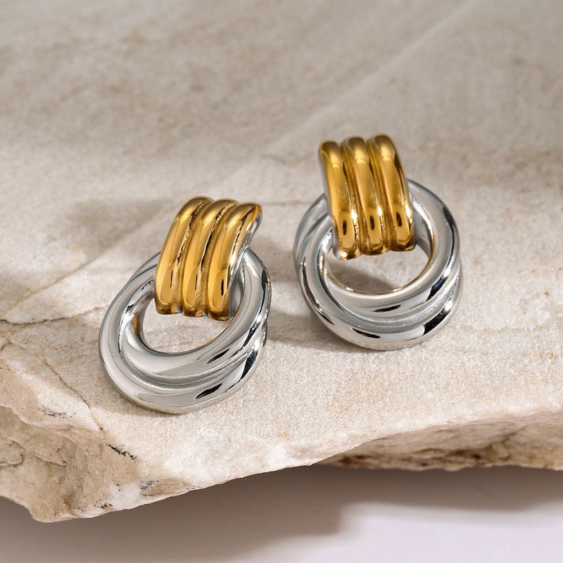 Orecchini da donna in acciaio inossidabile con filo d'oro e argento abbinati, semplici orecchini a cerchio in acciaio al titanio con avvolgimento in filo d'oro_voghion.com