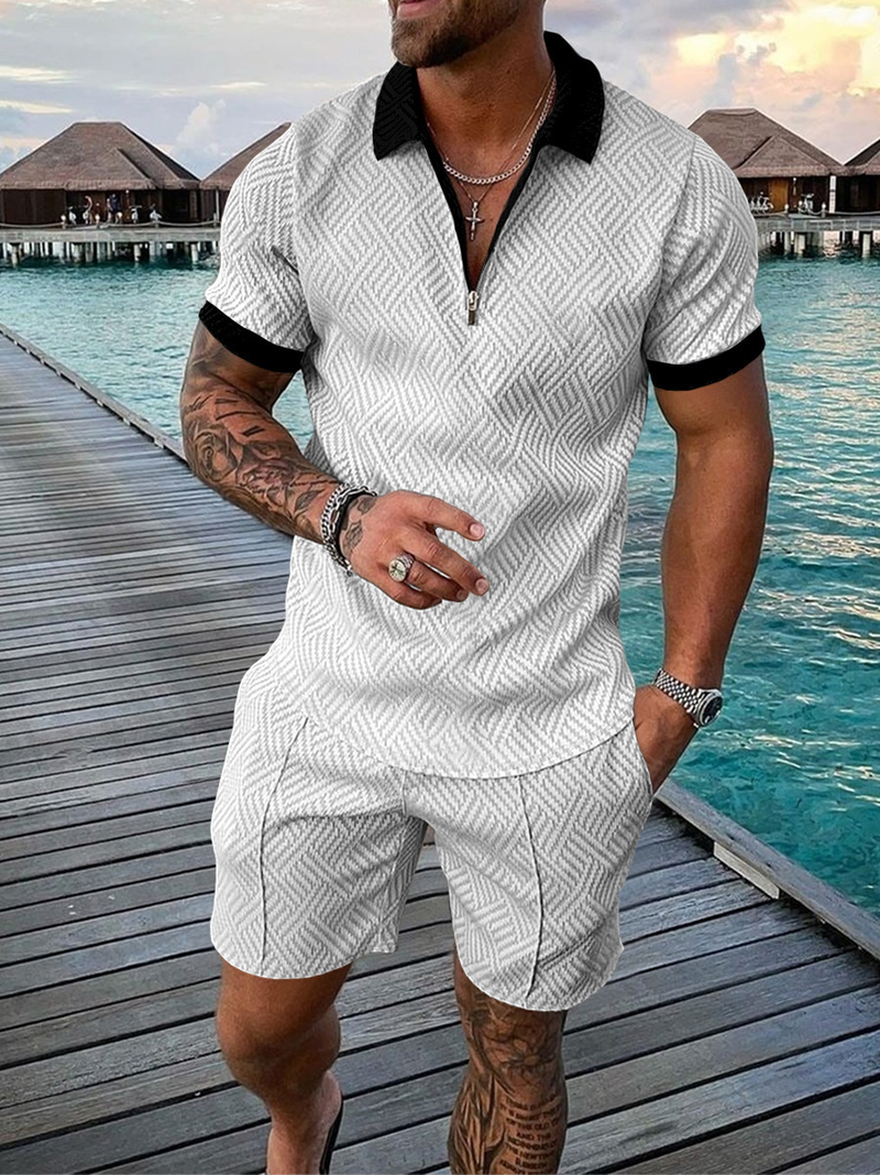 Conjunto deportivo de verano para hombre, con estampado 3D de lunares blancos y negros, camiseta polo con cremallera y pantalones cortos, 2 piezas_voghion.com
