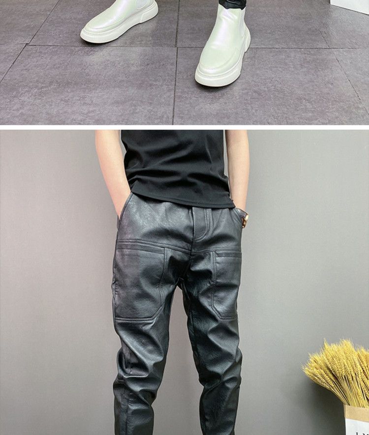 Pantaloni casual alla moda in pelle PU elastica da uomo, antivento e impermeabili, a sei tasche, tinta unita_voghion.com